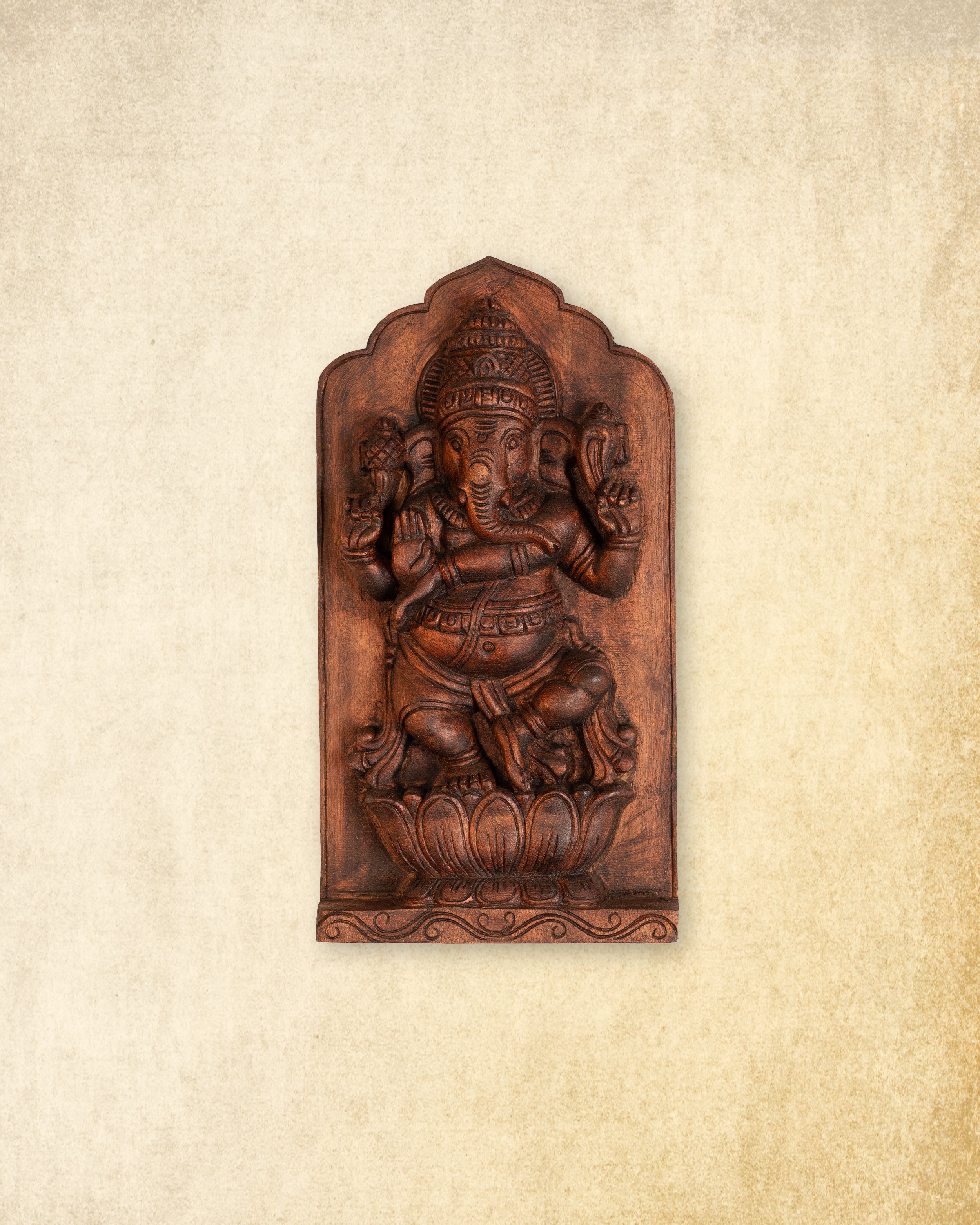 Ganesha on Lotus – Hand-Carved Wooden Wall Panel