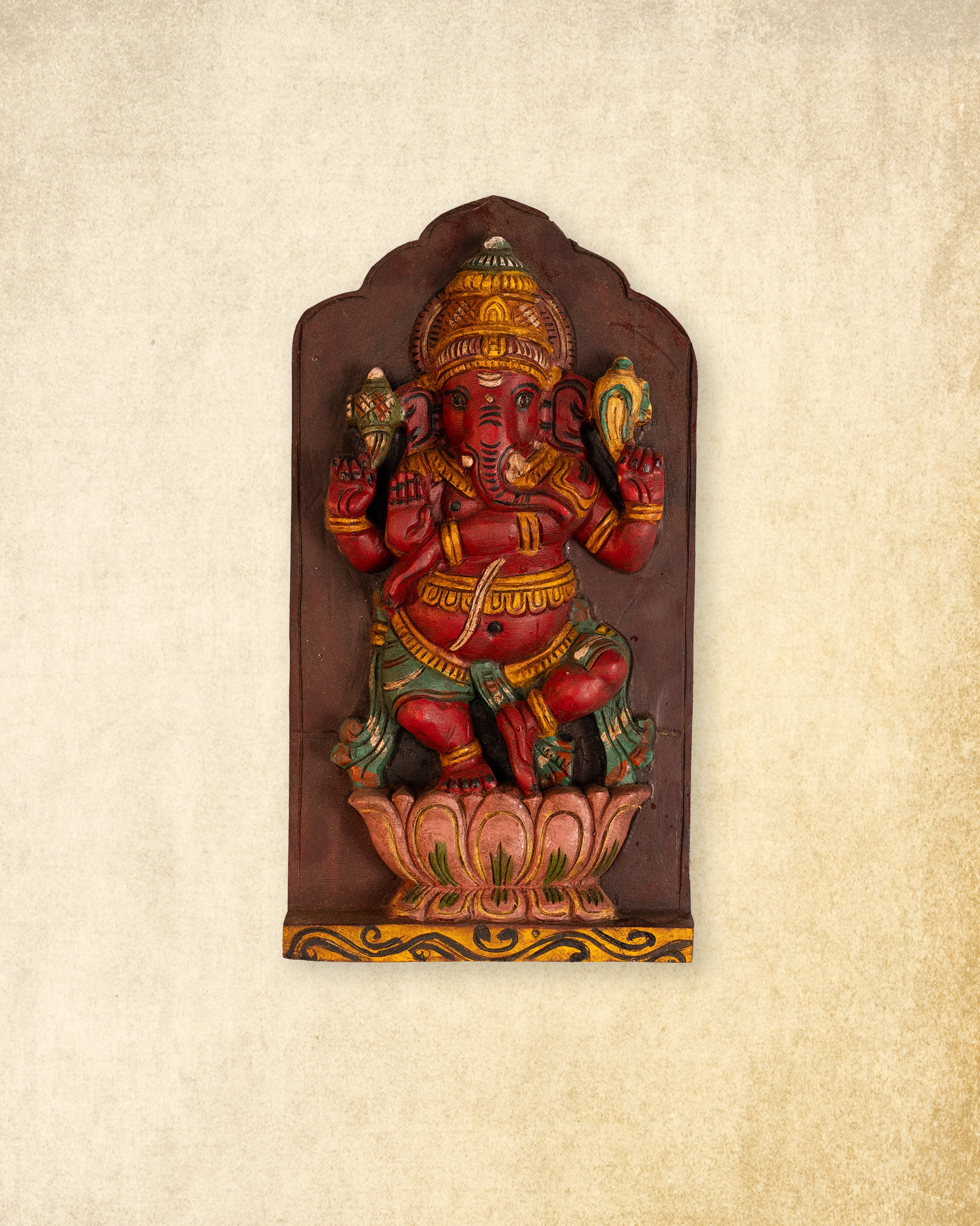 Ganesha on Lotus – Hand-Carved Wooden Wall Panel
