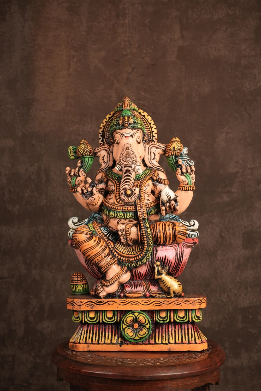 Ganesha on Lotus with Mouse – Hand-Carved Wooden Seated Idol