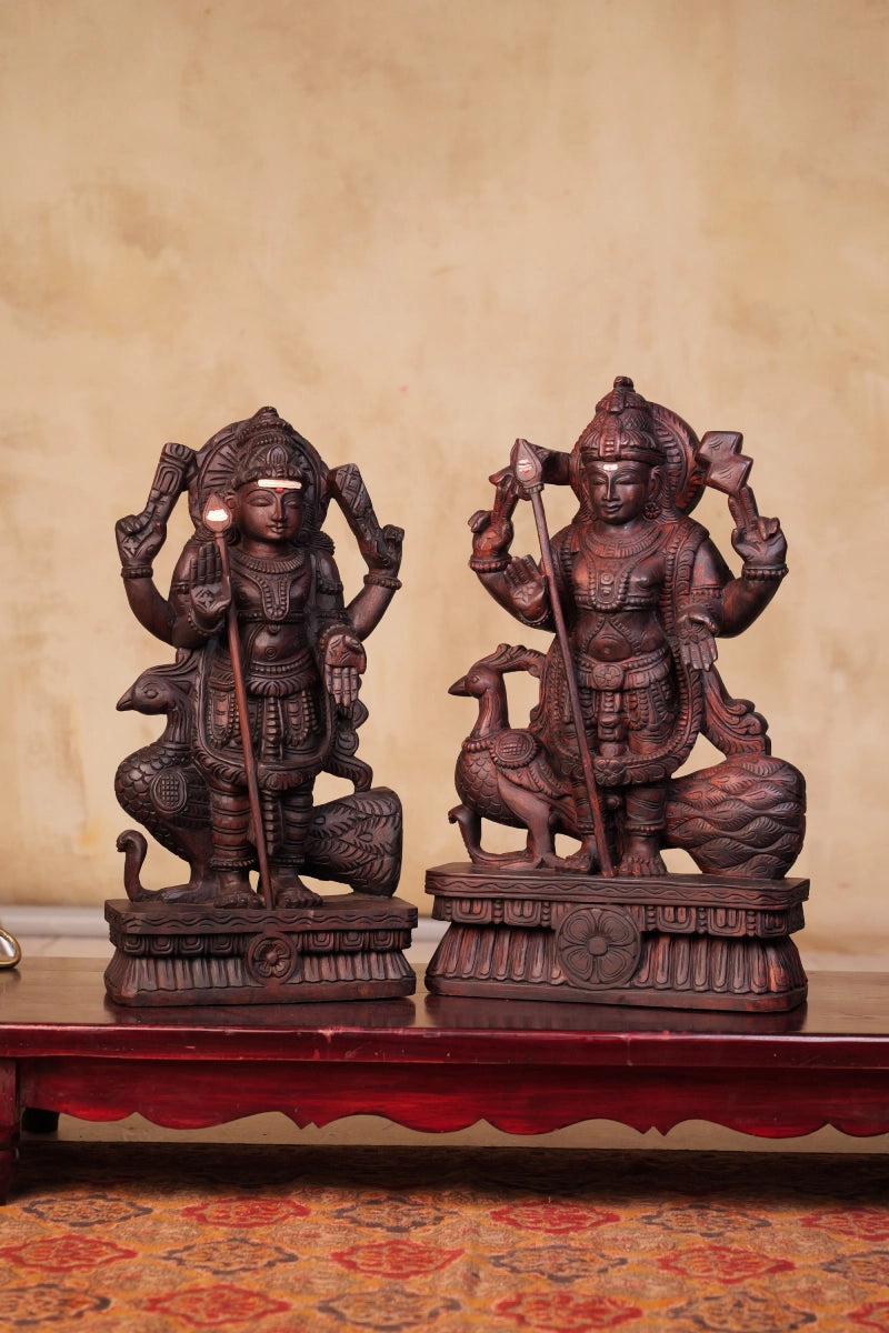Handcrafted Wooden Lord Murugan Idol with Peacock