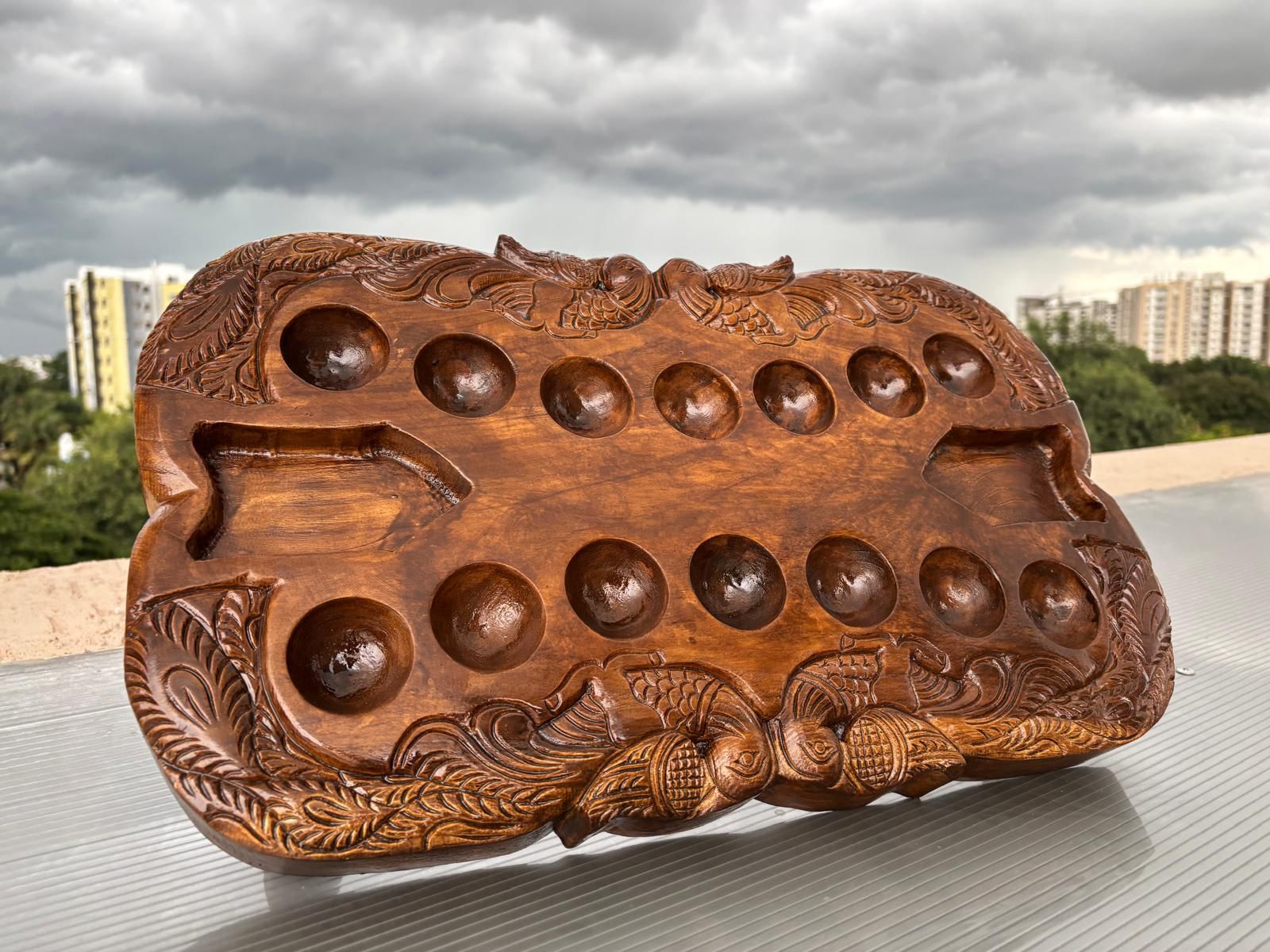 Peacock Palanguzhi – Handcrafted Teak Wooden Traditional Game Board