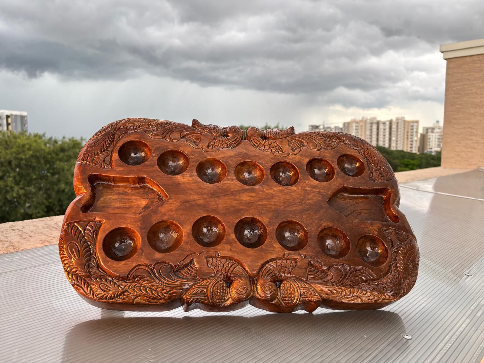Peacock Palanguzhi – Handcrafted Teak Wooden Traditional Game Board