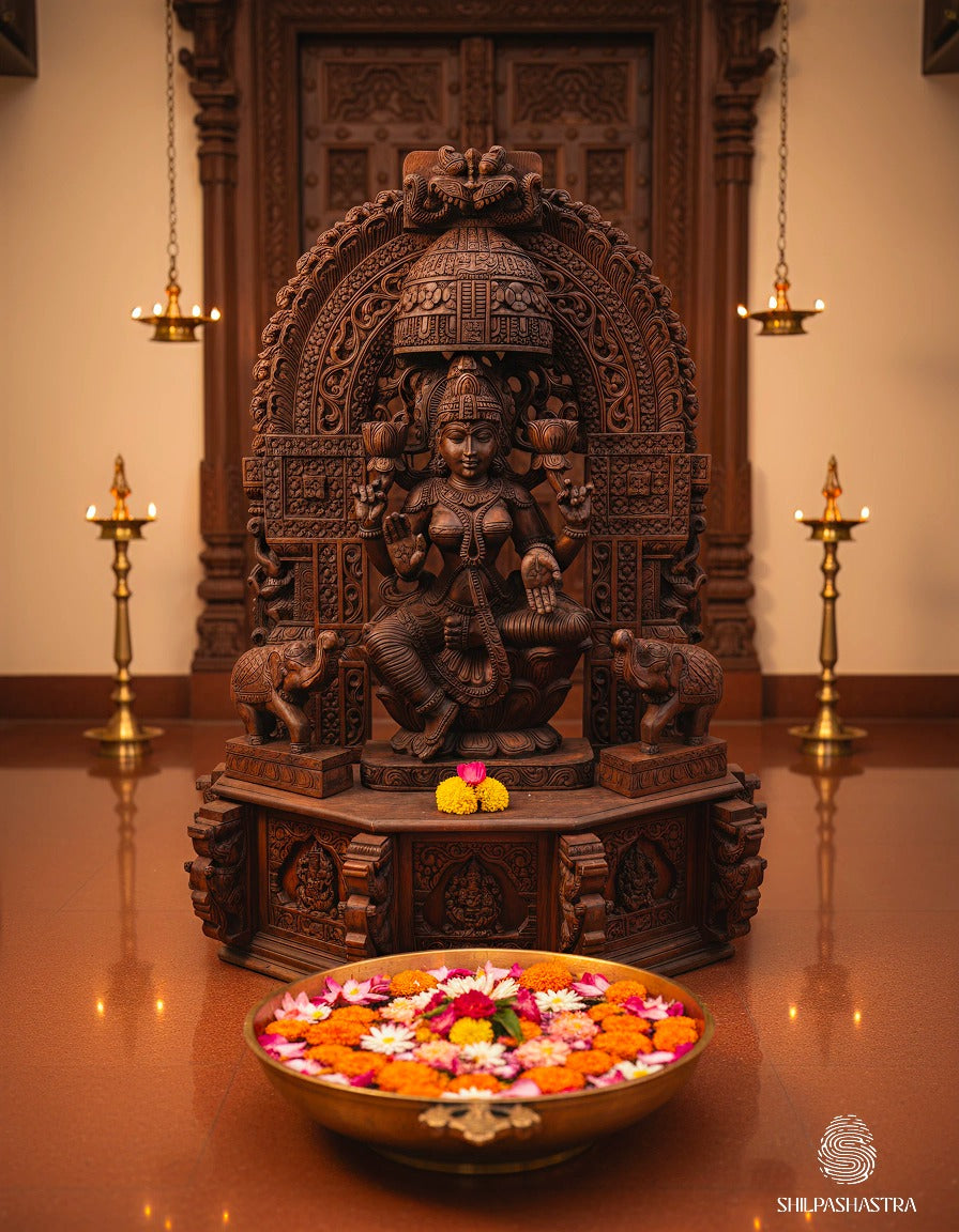 Premium Custom Lakshmi Statue – 5 Feet Handcrafted Idol in Vaagai & Mahogany Wood