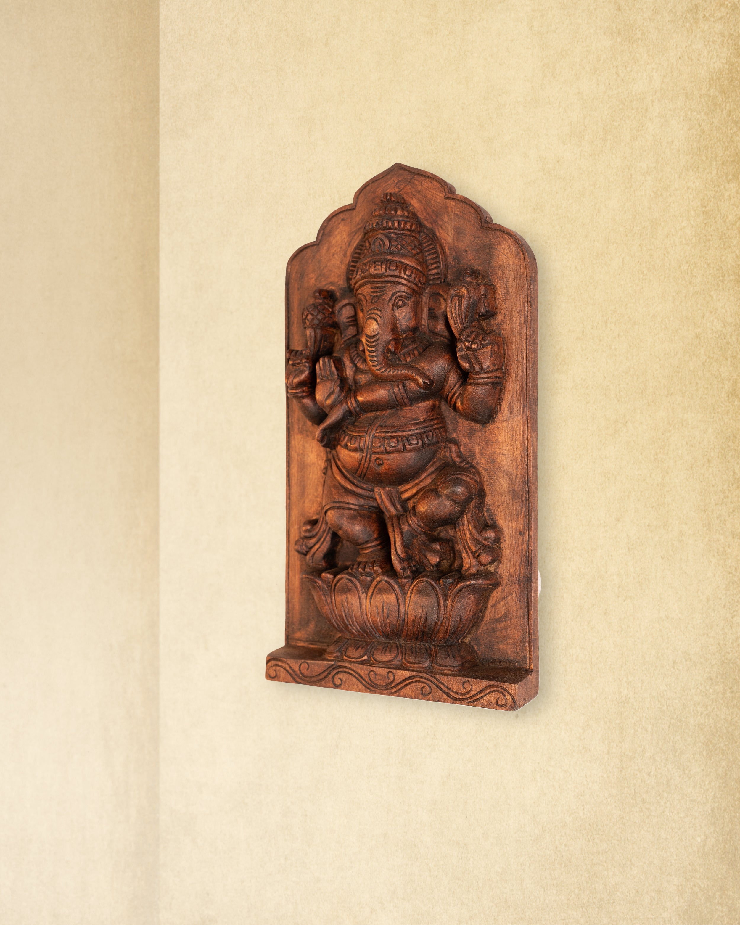 Ganesha on Lotus – Hand-Carved Wooden Wall Panel