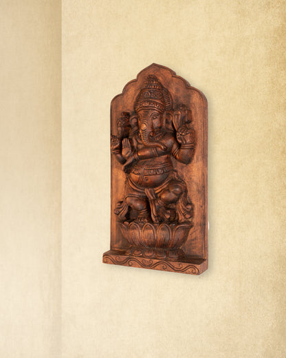 Ganesha on Lotus – Hand-Carved Wooden Wall Panel