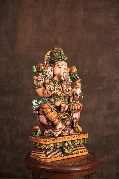 Ganesha on Lotus with Mouse – Hand-Carved Wooden Seated Idol