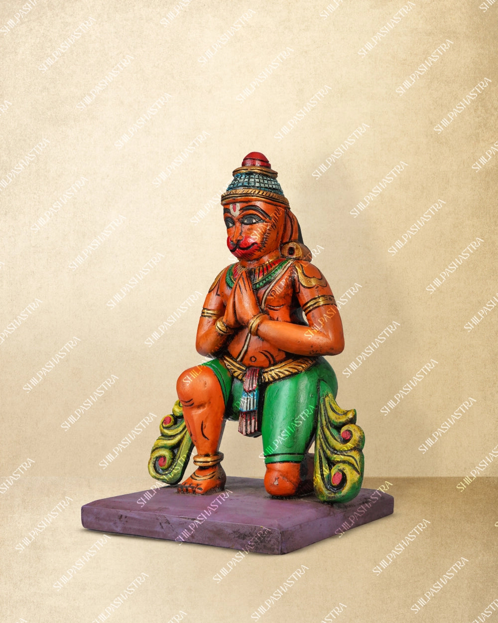 Kneeling Hanuman Handcrafted Wooden Idol