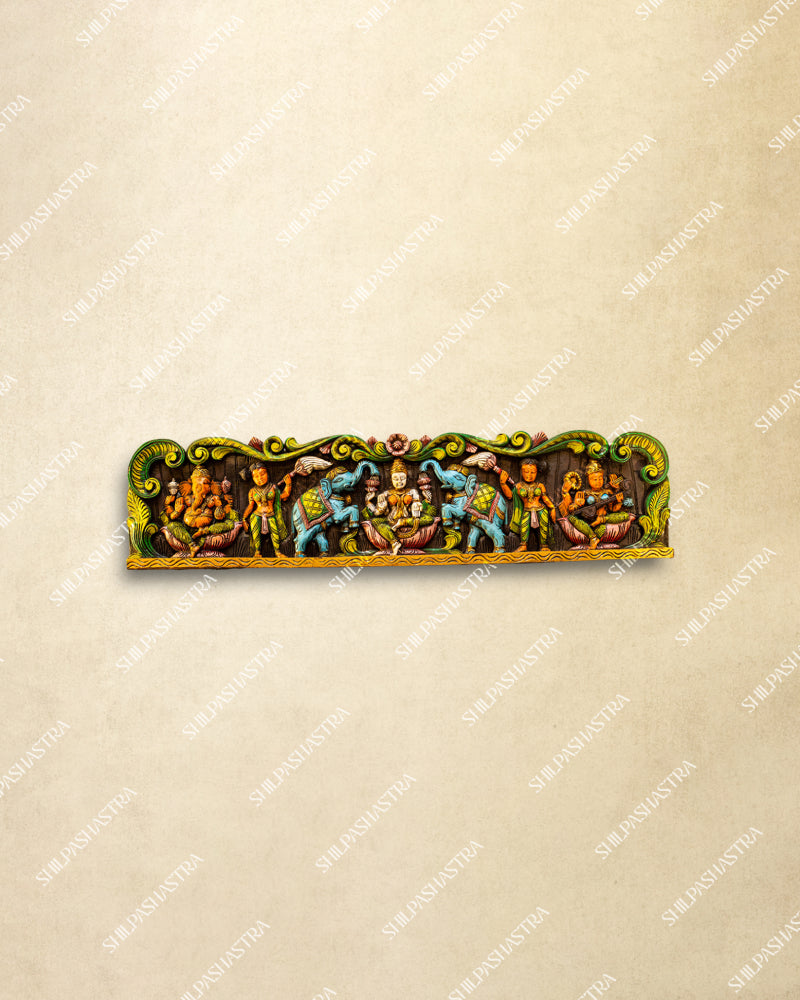 Gajalakshmi with Ganesha & Saraswathi Handcrafted Wooden Wall Panel