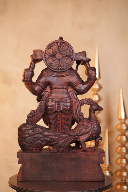 Handcrafted Wooden Lord Murugan Idol with Peacock