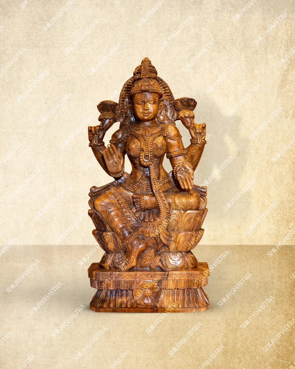 Lakshmi on 2 step Lotus Handcrafted Wooden Idol