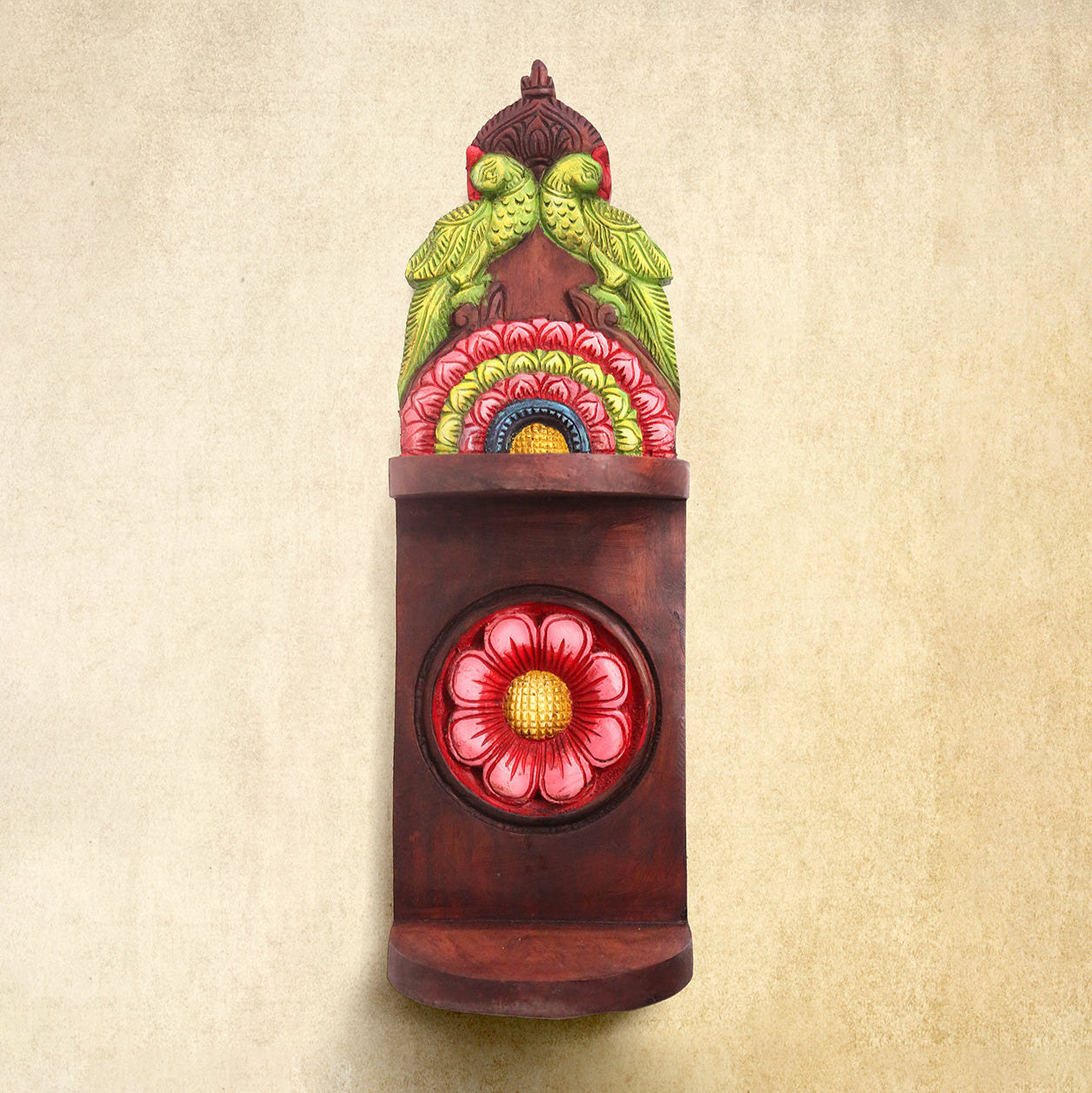 Shilpashastra_wood_scuplture_pillayar_Parrots Tiered Wall Stand