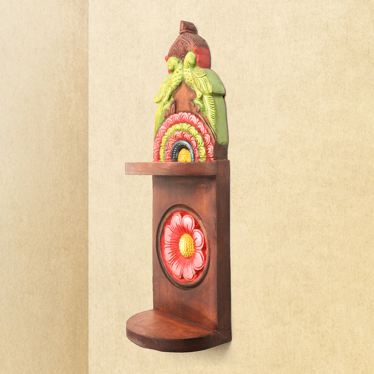 Shilpashastra_wood_scuplture_pillayar_Parrots Tiered Wall Stand