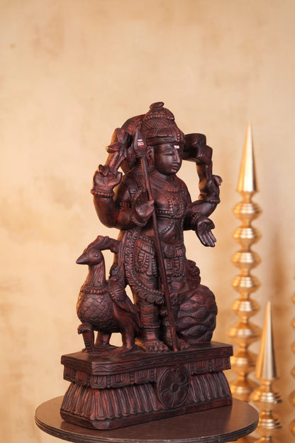 Handcrafted Wooden Lord Murugan Idol with Peacock
