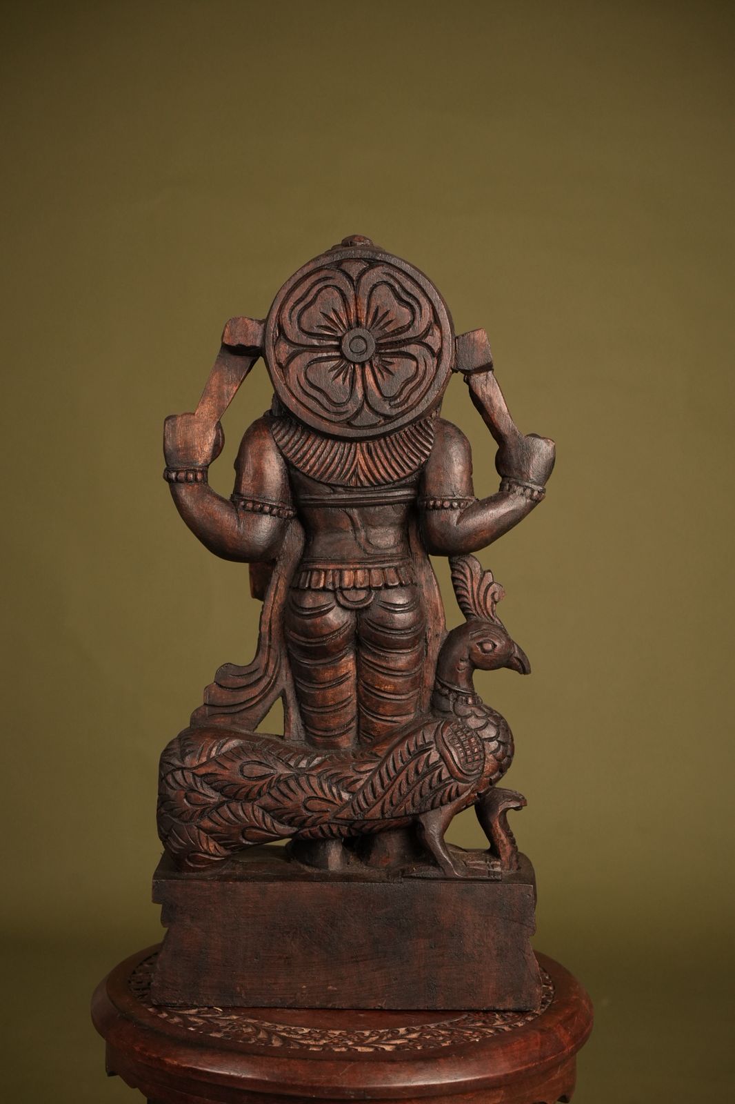 Handcrafted Wooden Lord Murugan Idol with Peacock